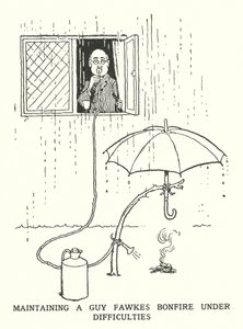 Guy Fawkesin kokon ylläpitäminen vaikeuksissa (litho) tekijältä William Heath Robinson