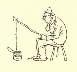 Mies kalastaa säilöttyä lohta tekijältä William Heath Robinson