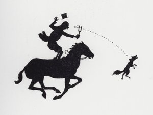 Mies hevosen selässä katapultoiva kettu (litho) tekijältä William Heath Robinson