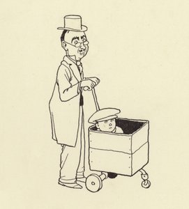 Mies työntää poikaa laatikossa tekijältä William Heath Robinson