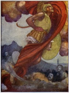 Mars, kuin ukkonen pilvi, pyyhkäisi ylöspäin taivaan läpi Olympukseen (värilitho) tekijältä William Heath Robinson