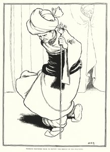 Mesrour kiirehti takaisin raportoimaan kyselynsä tuloksesta (kaiverrus) tekijältä William Heath Robinson