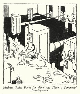Modesty-wc-laatikot niille, jotka jakavat yhteisen pukuhuoneen (litho) tekijältä William Heath Robinson