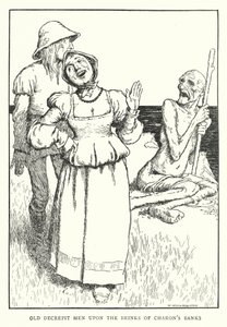 Vanhoja rappeutuneita miehiä Charonin rantojen laidalla (litho) tekijältä William Heath Robinson