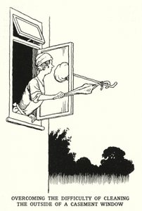 Kaapin ikkunan ulkopuolen puhdistamisen vaikeuden voittaminen (litho) tekijältä William Heath Robinson