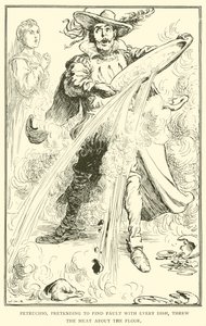 Petruchio, joka teeskenteli löytävänsä vikaa jokaisesta ruoasta, heitti lihan lattialle tekijältä William Heath Robinson