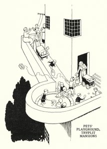 Lemmikkieläinten leikkikenttä, Tryplit Mansions (litho) tekijältä William Heath Robinson