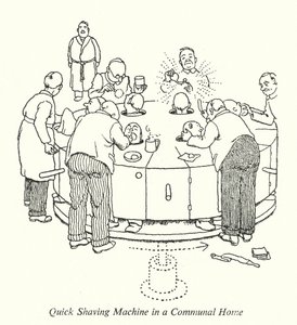 Pikaparranajokone yhteiskodissa (litho) tekijältä William Heath Robinson