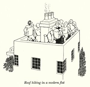 Kattovaellus modernissa asunnossa (litho) tekijältä William Heath Robinson