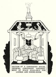 Osio muunnetusta talosta, jossa näkyy kätevä tilan järjestely oleskelutilaa ja ruokailutilaa varten (litho) tekijältä William Heath Robinson