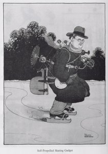 Itseliikkuva luistelulaite, kuvitus julkaisusta "Keksinnöt" tekijältä William Heath Robinson