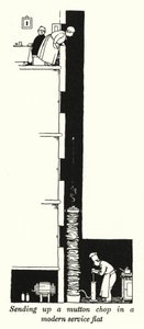 Lampaankyljyksen lähettäminen modernissa palveluasunnossa (litho) tekijältä William Heath Robinson