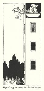 Signalointi ei saippuaa kylpyhuoneessa (litho) tekijältä William Heath Robinson