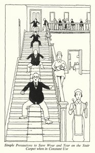 Yksinkertaisia varotoimia portaiden maton kulumisen ja repeämisen säästämiseksi jatkuvassa käytössä (litho) tekijältä William Heath Robinson