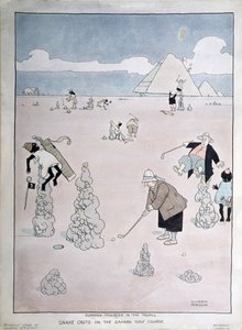 Kesäongelmia tropiikissa – käärmeheittoja Saharan golfkentällä (kynä, muste ja akvarelli) tekijältä William Heath Robinson