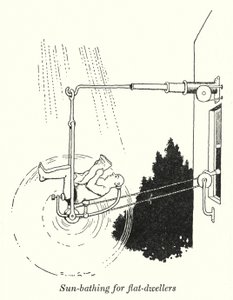 Auringonotto kerrostaloasukkaille (litho) tekijältä William Heath Robinson