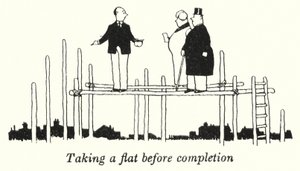 Asunnon hankkiminen ennen valmistumista (litho) tekijältä William Heath Robinson