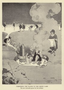 Veden karkaisu karitsalle, uusi veden äärellä sijaitseva geysir loma-aikoina tekijältä William Heath Robinson