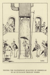 Sateenvarjojen vedenpitävyyden testaaminen ajan tasalla Brolley Worksissa tekijältä William Heath Robinson