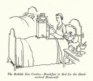 Bedside kaasuliesi, aamiainen sängyssä ahkeralle kotiäidille (litho) tekijältä William Heath Robinson