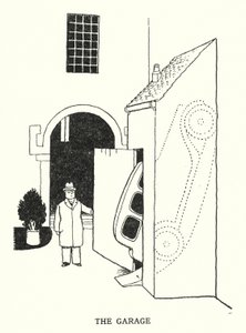 Autotalli (litho) tekijältä William Heath Robinson