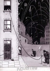 "Viimeisin menetelmä herättää erikoiskonstaaleja yön kuolleessa", kuvitus "Keksinnöt", Duckworth 1973 (kynä ja muste, akvarelli) tekijältä William Heath Robinson