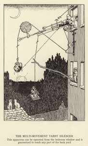 Multi-movement Tabby Silencer, tätä laitetta voidaan käyttää makuuhuoneen ikkunasta käsin, ja sillä päästään taatusti mihin tahansa takapihan osaan. tekijältä William Heath Robinson