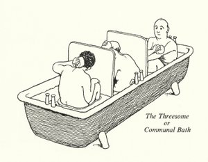 Kolmikko eli yhteinen kylpylä (litho) tekijältä William Heath Robinson