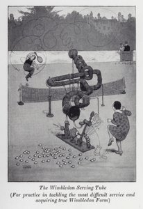 Wimbledonin tarjoiluputki, harjoitteluun vaikeimman palvelun hoitamisessa ja todellisen Wimbledon-muodon hankkimisessa (litho) tekijältä William Heath Robinson