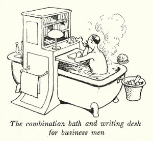 Kylpyammeen ja kirjoituspöydän yhdistelmä liikemiehille (litho) tekijältä William Heath Robinson
