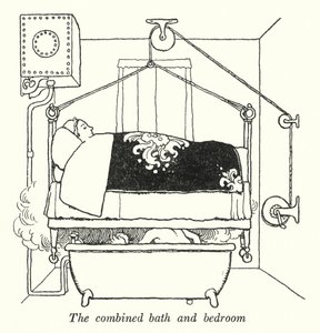 Yhdistetty kylpyhuone ja makuuhuone (litho) tekijältä William Heath Robinson