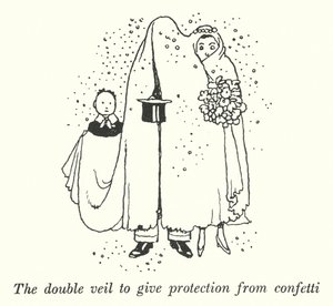 Kaksinkertainen verho suojaa konfettia vastaan (litho) tekijältä William Heath Robinson