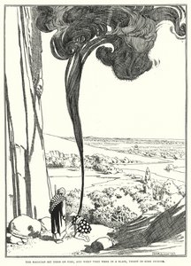 Taikuri sytytti ne tuleen, ja kun ne olivat liekeissä, heitti suitsukkeita (kaiverrus) tekijältä William Heath Robinson