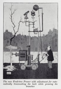 Uusi hedelmäpuiden oksasaha, jossa on säädettävä kuoren automaattinen kalkkipesu oksien leikkaamisen aikana (litho) tekijältä William Heath Robinson