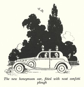 Uusi häämatka-auto, jossa on siisti konfettiaura (litho) tekijältä William Heath Robinson