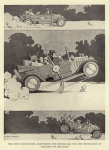 Uusi turvahaarukan säätö autoihin kanojen suojaamiseksi tiellä tekijältä William Heath Robinson