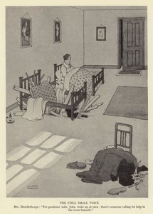Hiljainen pieni ääni, rouva Blendlethorpe. Herran tähden, John, herää heti; alla olevassa huoneessa on joku, joka huutaa apua tekijältä William Heath Robinson