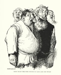 Sitten köyhät roistot alkoivat ammota kuin vanhat muulit (litho) tekijältä William Heath Robinson