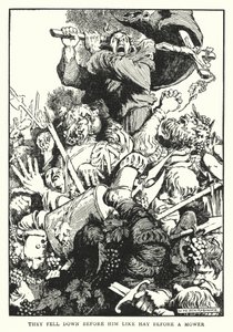 He putosivat hänen eteensä kuin heinä ruohonleikkurin edessä (litho) tekijältä William Heath Robinson