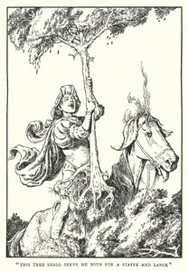 "Tämä puu palvelee minua sekä sauvana että keihässä" (litho) tekijältä William Heath Robinson
