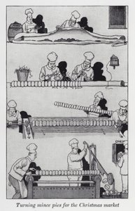 Jauhepiirakkaiden kääntäminen joulumarkkinoille (litho) tekijältä William Heath Robinson