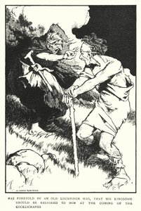 Vanha Lourpidon-hag ennusti, että hänen valtakuntansa palautettaisiin hänelle Cocklicranesin tullessa (litho) tekijältä William Heath Robinson