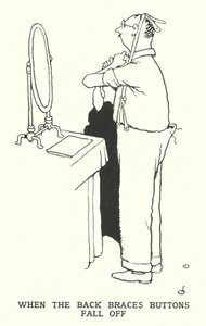 Kun selkänojan napit putoavat (litho) tekijältä William Heath Robinson