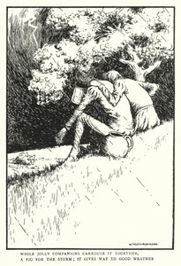 Samalla kun iloiset seuralaiset hierovat sitä yhdessä, viikuna myrskylle, se väistyy hyvälle säälle (litho) tekijältä William Heath Robinson