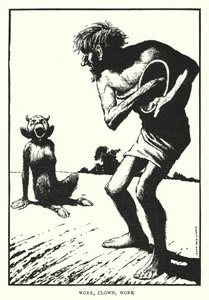 Työ, klovni, työ (litho) tekijältä William Heath Robinson