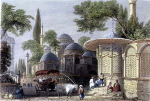 Chahzaden suihkulähde ja moskeija, kaiverrus Roberts Sands (1792-1855) n. 1850 (akvatinta)