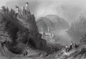 Oberwesel ja Schombergin linna (kaiverrus) tekijältä William Henry (after) Bartlett
