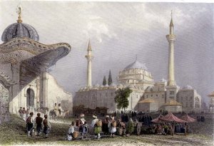 Bajazetin moskeija ja Seraskierin portti, Istanbul, kaivertaja H. Griffiths, noin 1850 (akvatintta).
