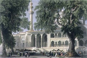 Yeni Djami eli Sultana Validen moskeija, Istanbul, kaiverrus J. C. Varrall, n. 1850 (akvatinta)