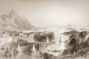 Clew Bay nähtynä Westportista Mayon kreivikunnasta George Virtuen "Scenery and Antiquities of Ireland" -elokuvasta, 1860-luku tekijältä William Henry Bartlett